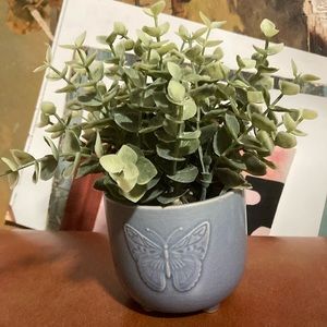 Ceramic butterfly pot with faux eucalyptus